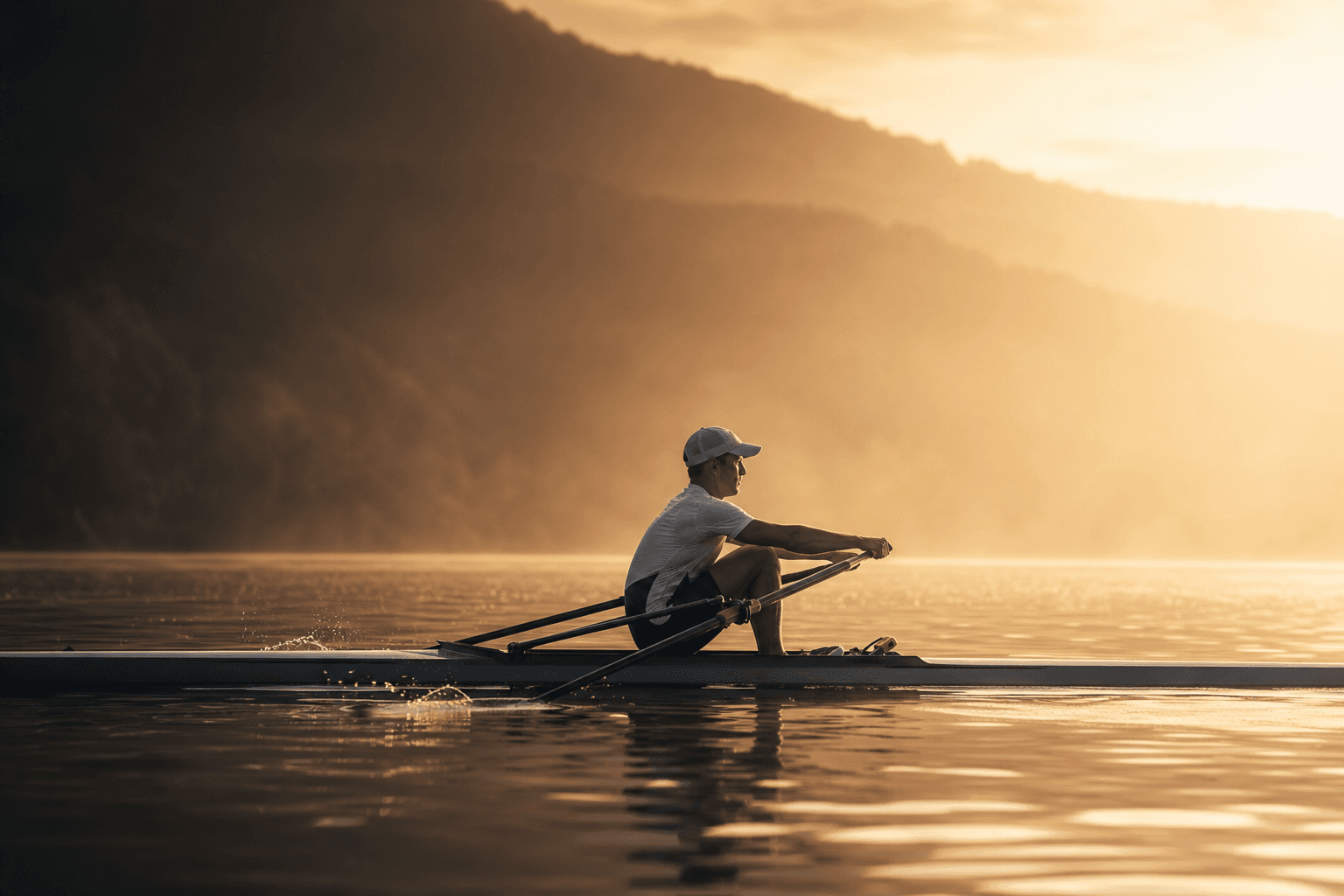 Rameur en skiff sur une eau calme au lever du soleil